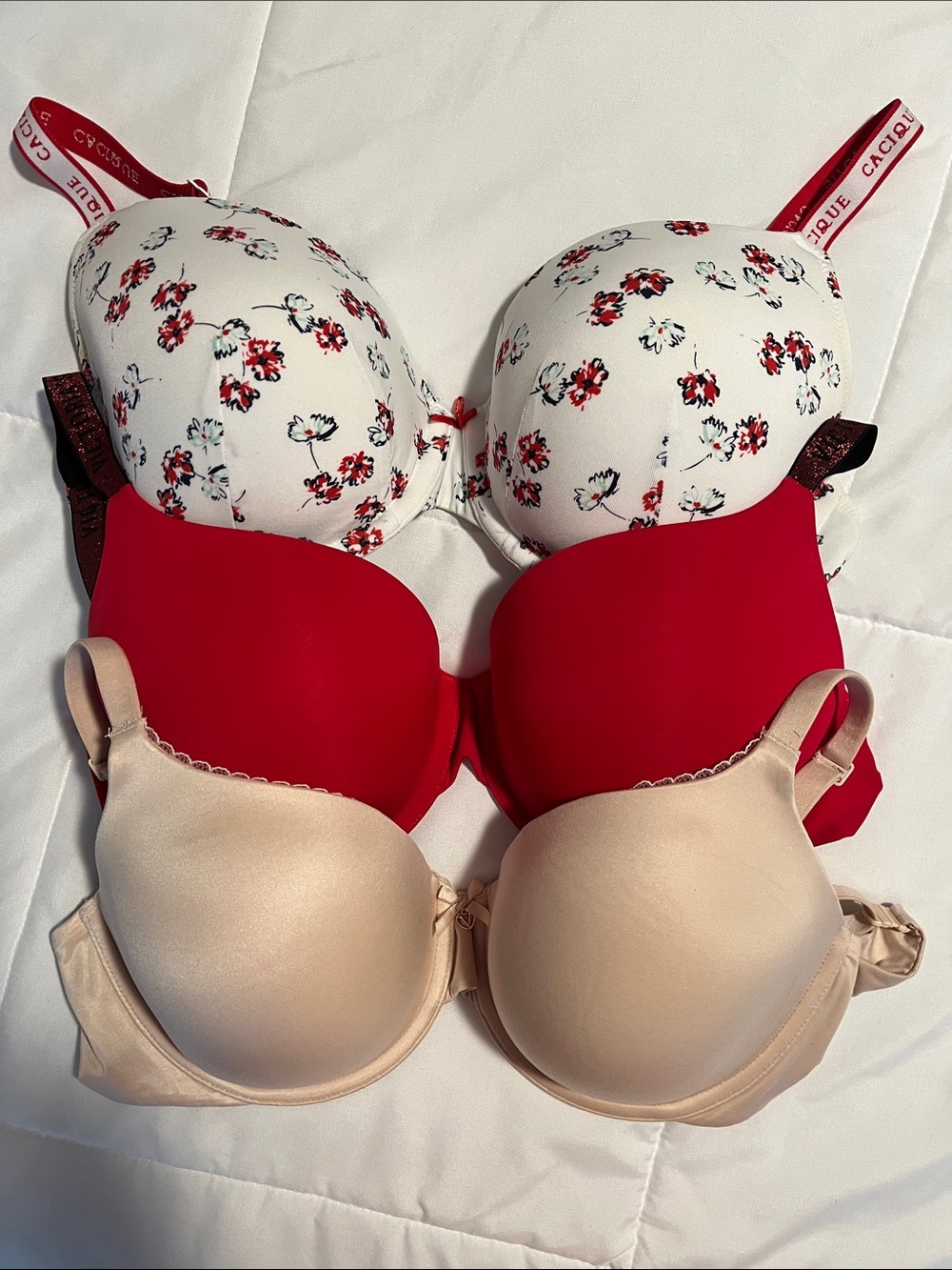 3 Bra Set in White Floral, Red & Nude